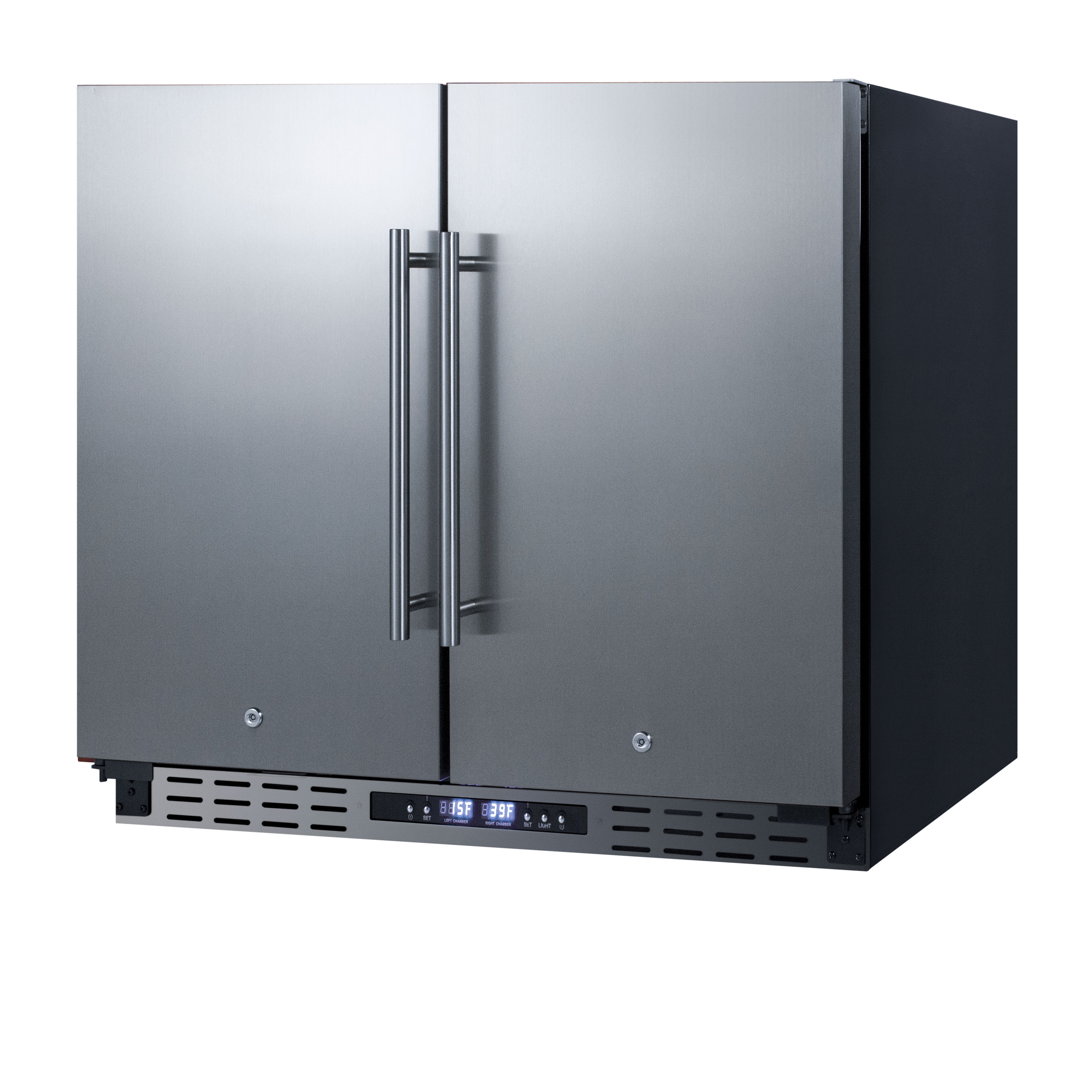 ADA compliant, commercially approved, frost-free, side-by-side refrigerator-freezer for built-in or freestanding use with two stainless steel doors, black cabinet, front-placed digital controls, and front locks